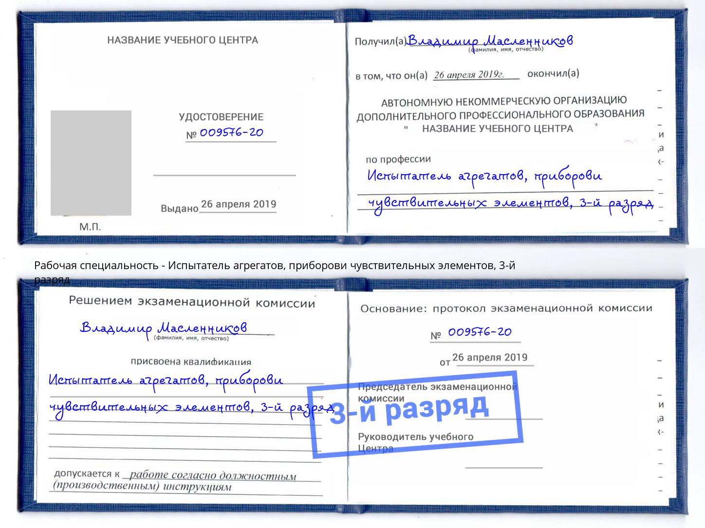 корочка 3-й разряд Испытатель агрегатов, приборови чувствительных элементов Шахты