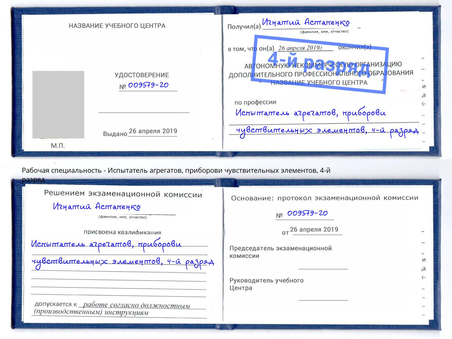 корочка 4-й разряд Испытатель агрегатов, приборови чувствительных элементов Шахты