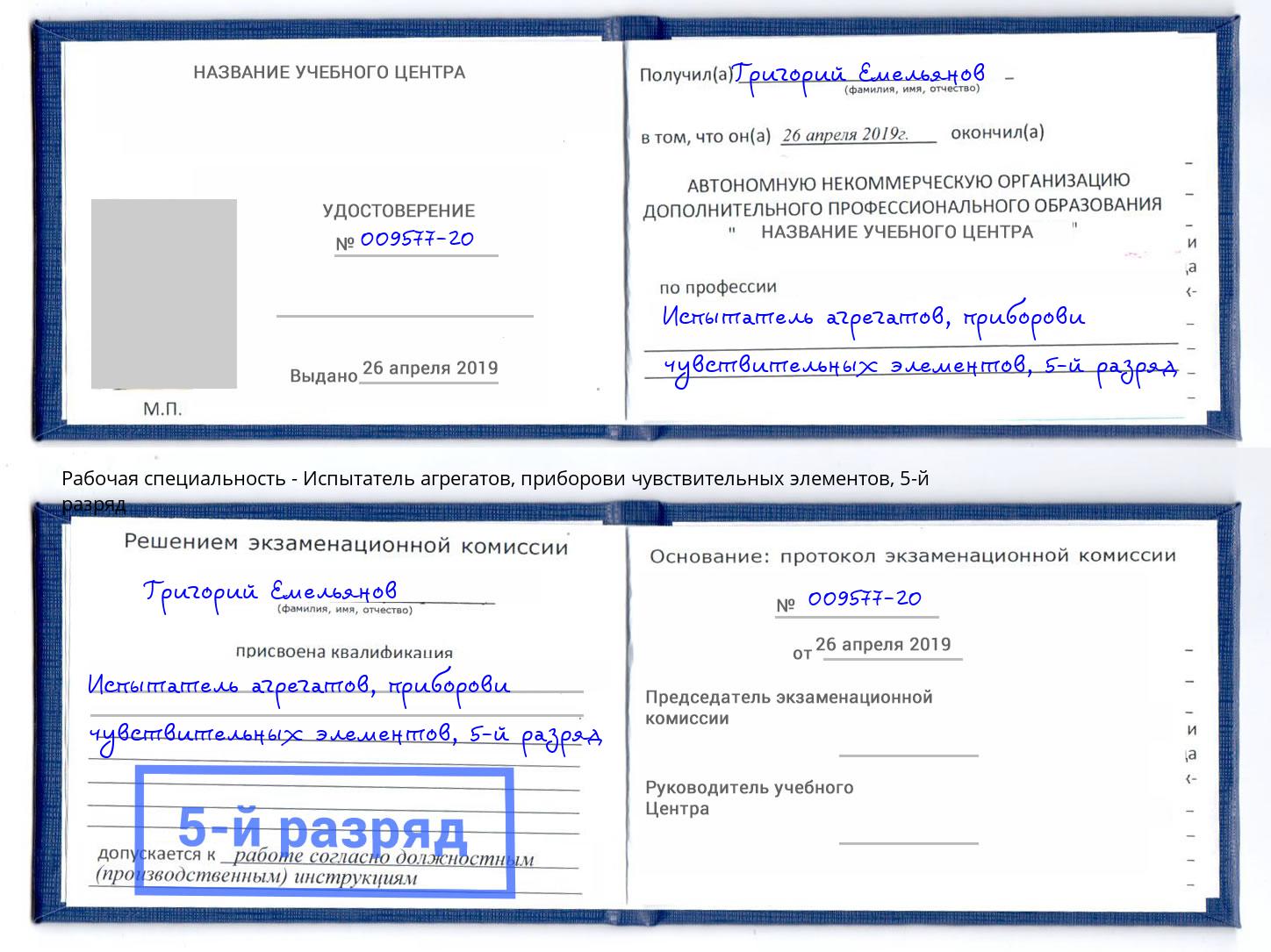 корочка 5-й разряд Испытатель агрегатов, приборови чувствительных элементов Шахты
