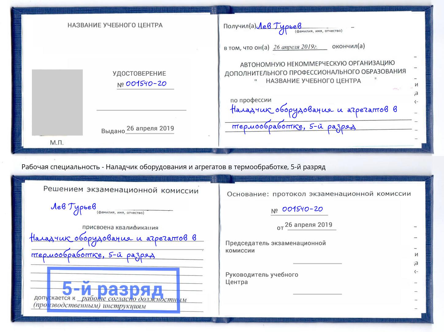 корочка 5-й разряд Наладчик оборудования и агрегатов в термообработке Шахты