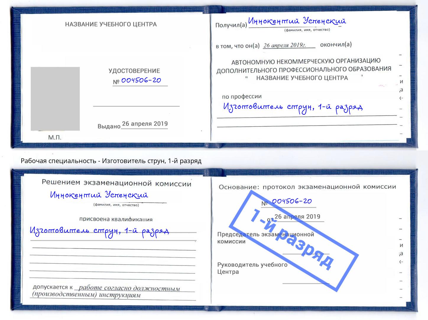 корочка 1-й разряд Изготовитель струн Шахты