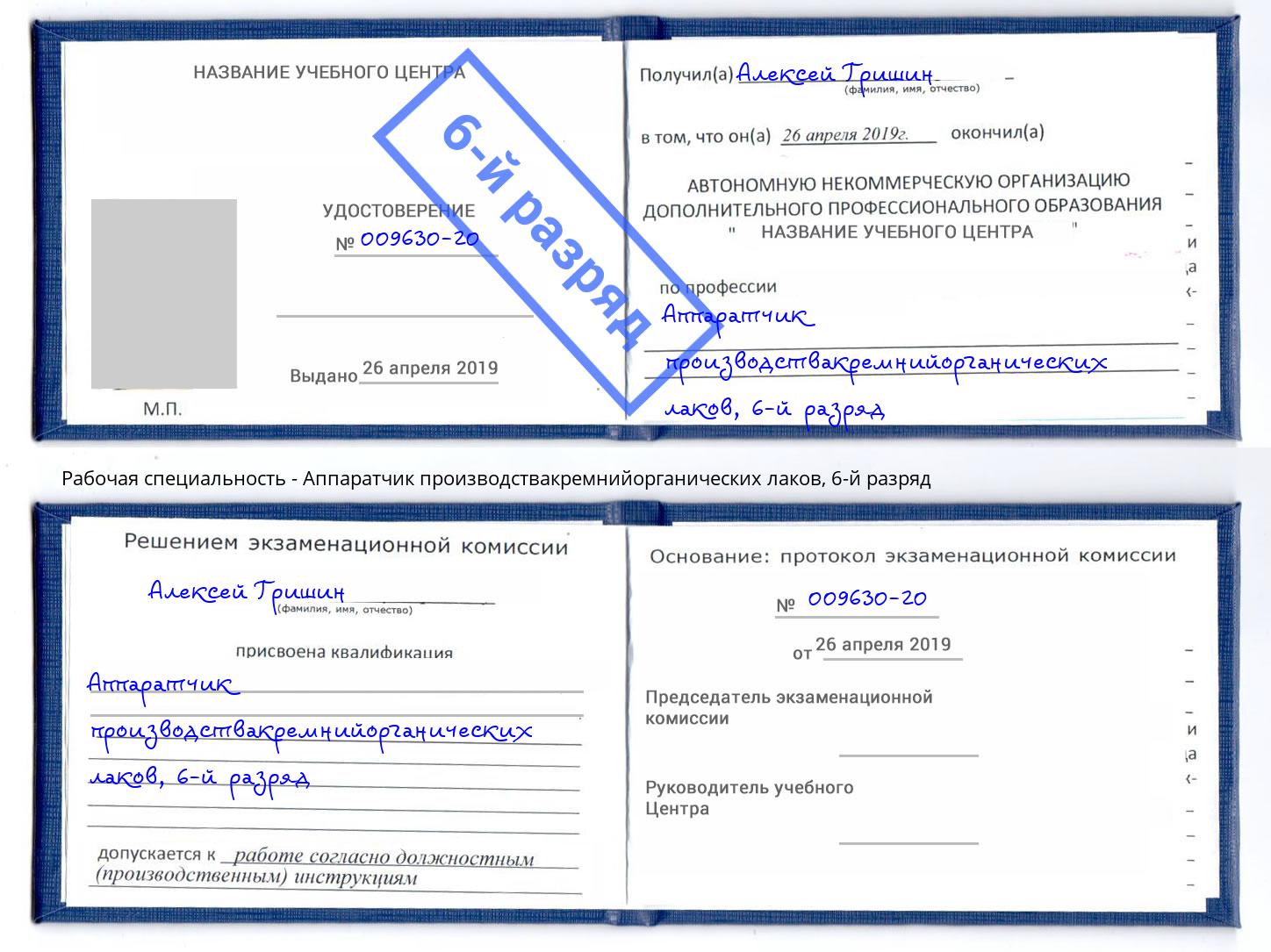 корочка 6-й разряд Аппаратчик производствакремнийорганических лаков Шахты