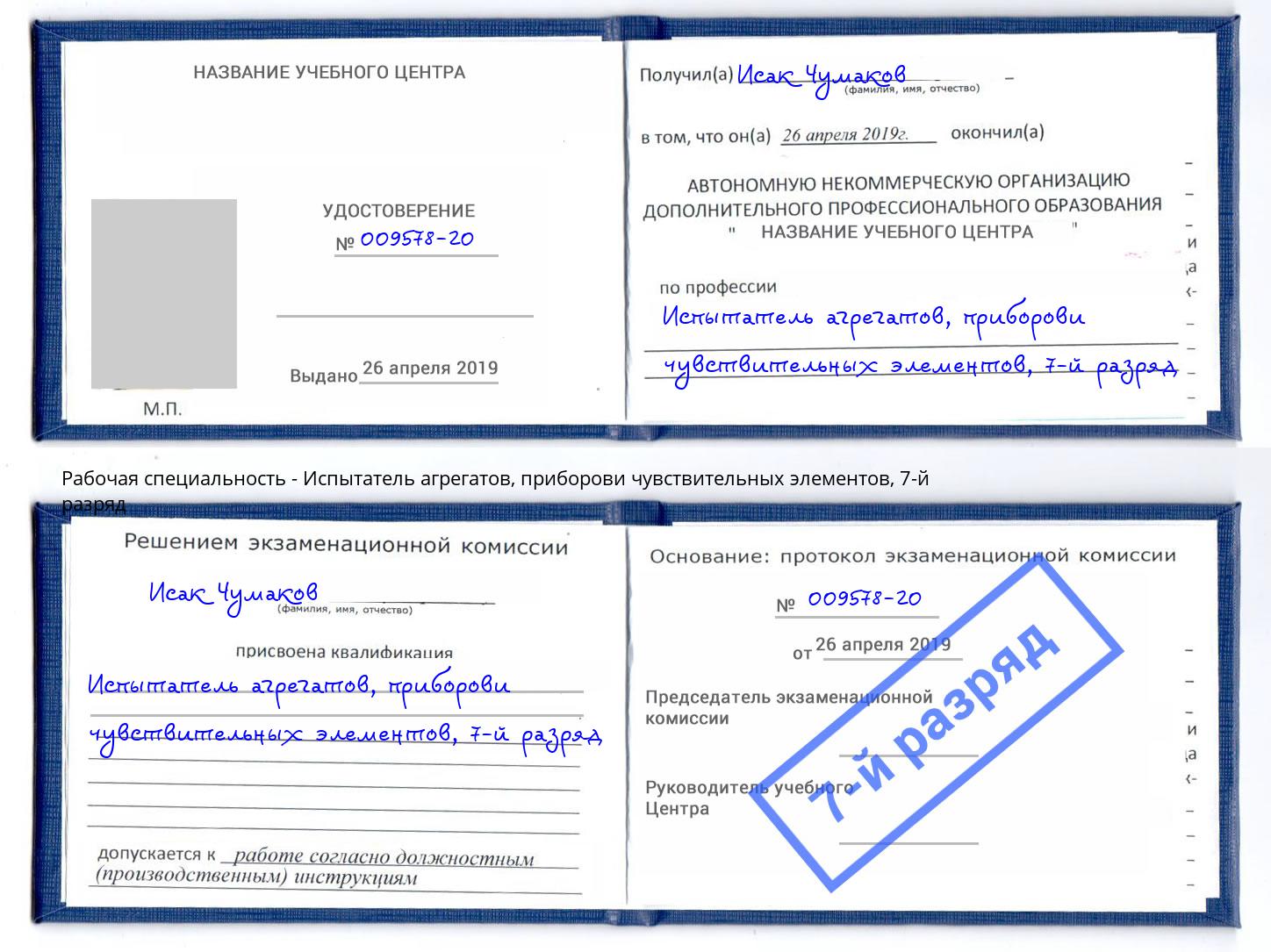 корочка 7-й разряд Испытатель агрегатов, приборови чувствительных элементов Шахты